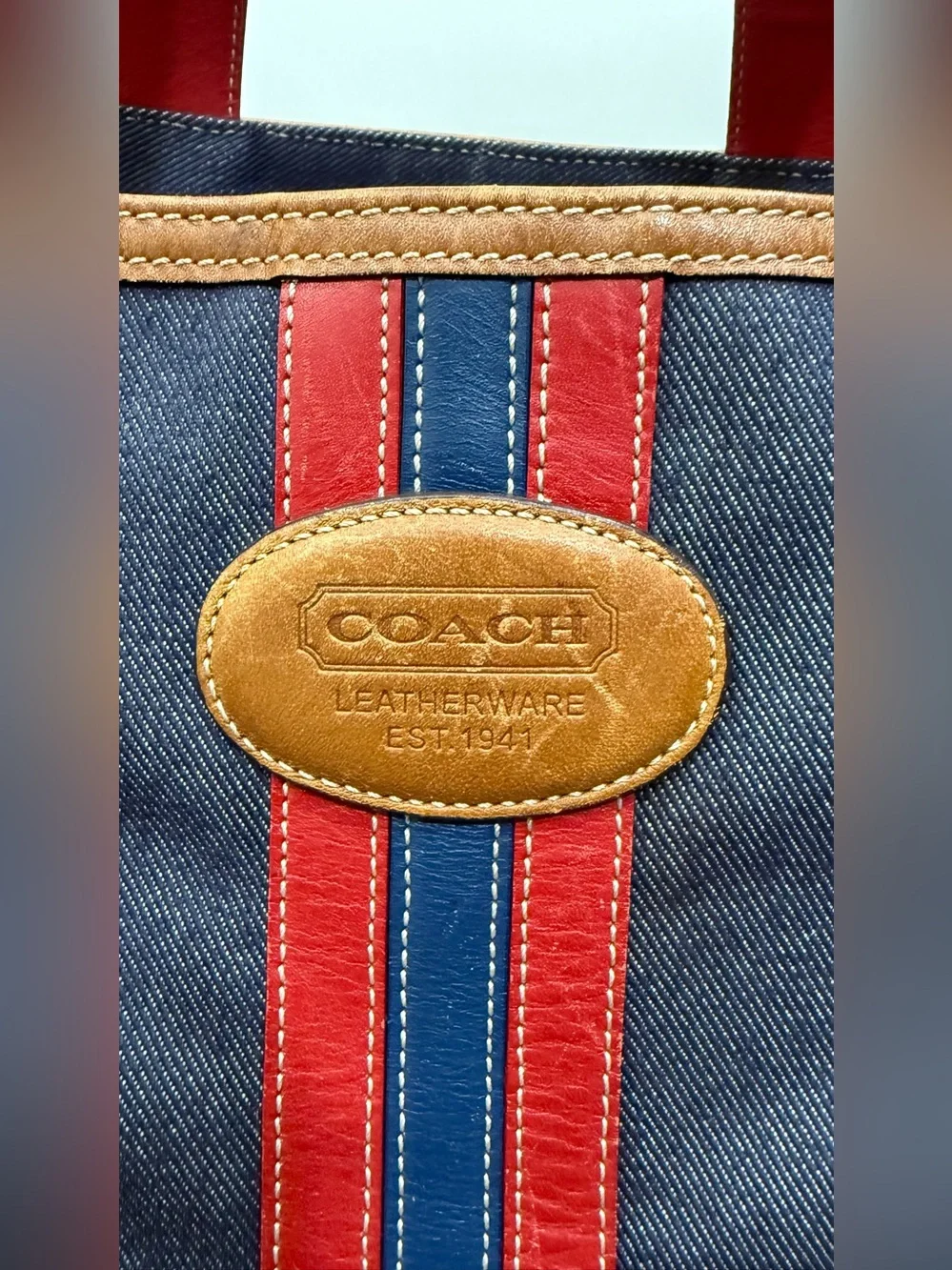 VINTAGE/Coach Navy Canvas Tote with Red and Blue Stripe and Brown Leather Trim